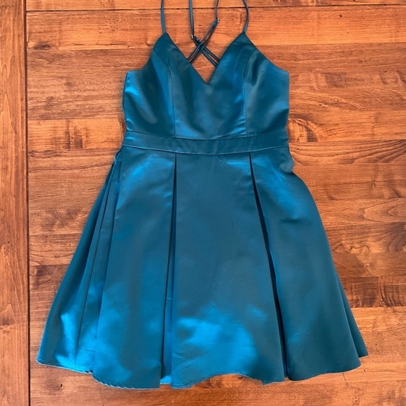 Lulus Truly Loved Teal Satin Skater Dress Size S - Picture 2 of 10